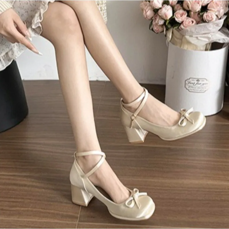 Women Fashion Platform Pumps Spring High Heels Buckle Strap Mary Jane Shoes Woman Elegant Bows Thick Heeled Party Single Shoes