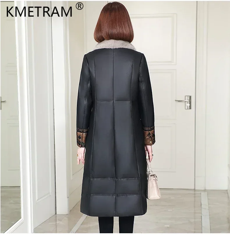 Genuine Sheepskin Leather Trench Coat for Women Winter 2024 Long Down Coats Luxury Mink Fur Collar Warm Puffer Jacket Chaquetas