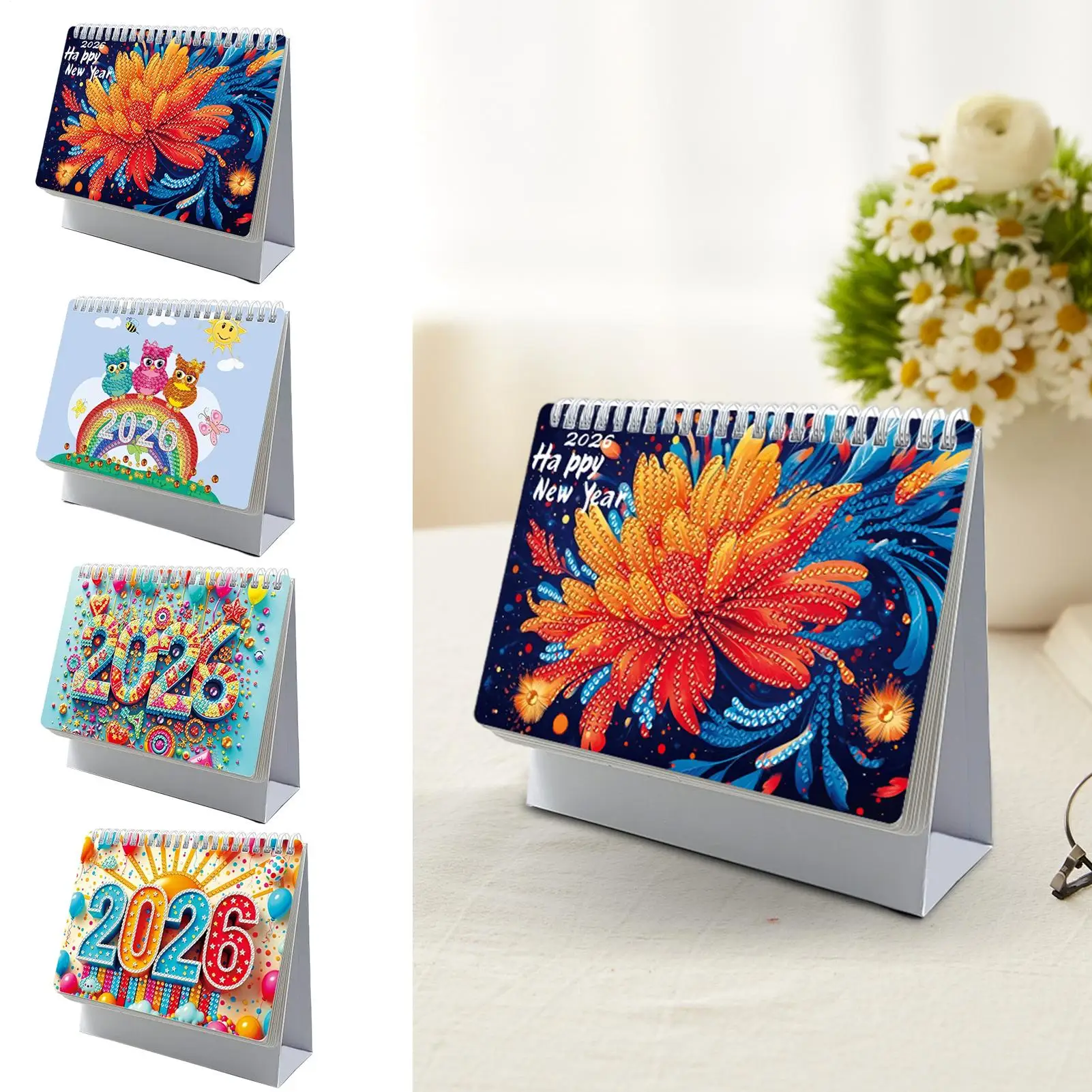 

DIY 5D Diamonds Painting Desktop Calendar 2026 12-Month Standing Page Flipping Desk Calendar Small Gem Art Desk Calendar