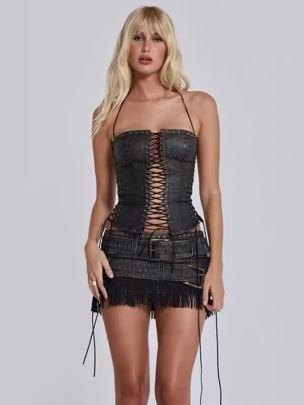

Jaded London Hollow out Strap PU Leather Crop Top Y2K Sexy Spicy Girl ter Tube Vest ort Sle Street Faion Spring 2025