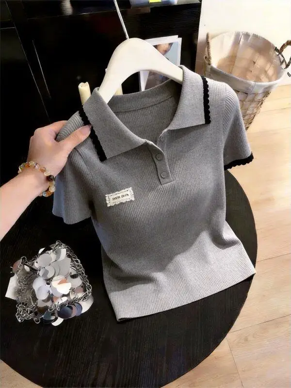 

Ele ey Ne ort Sve Knitted Top Women's Faionable Slimming Summer New Arrival Casual Sle Button Detail