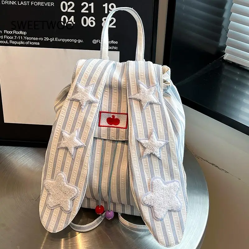 Y2K Star-Stripe Bunny-Ear Drawstring-Closure Cute Casual Backpack