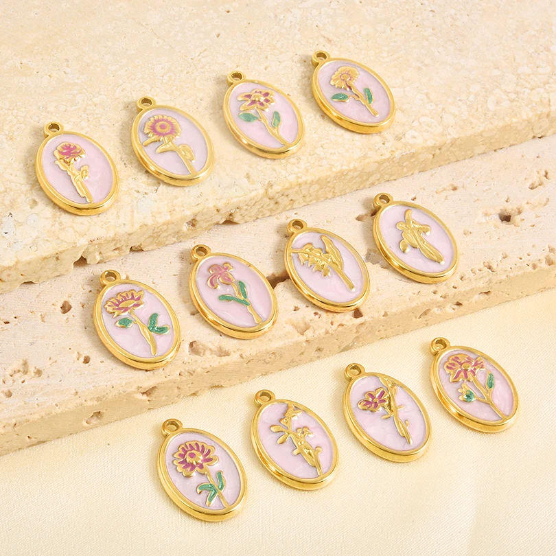 

3pcs Gold Color Pink Oil Dripping Twelve-Month Birthday Flower Charm Pendant For Jewelry Making Supplies Handmade Necklace Gift