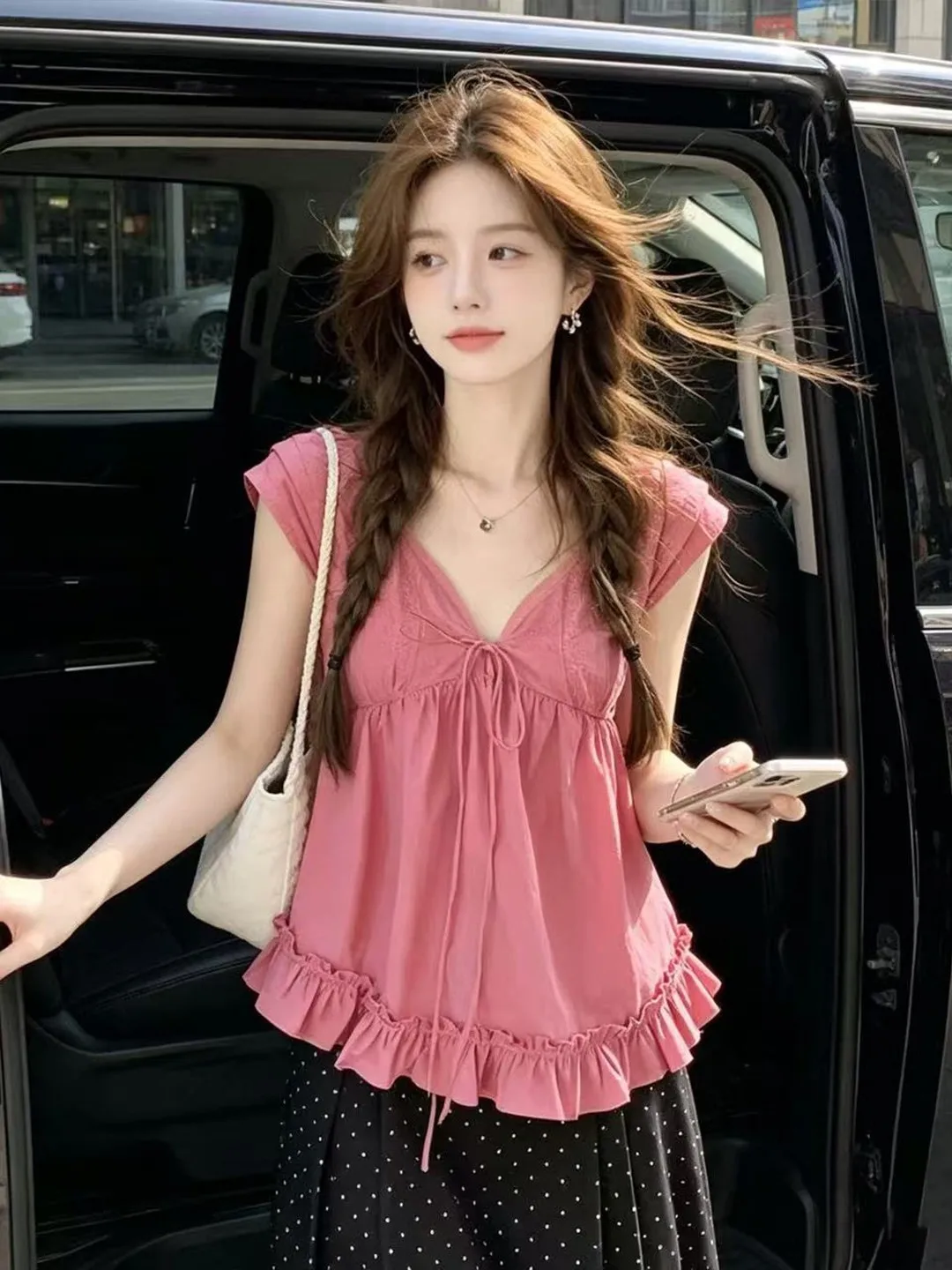 

Sweet Pink V-Neck Fairy Sleeve Shirt Women's Summer New Style Wooden Ear Reduction Trendy Doll Shirt Top Loose Fit Cotto...