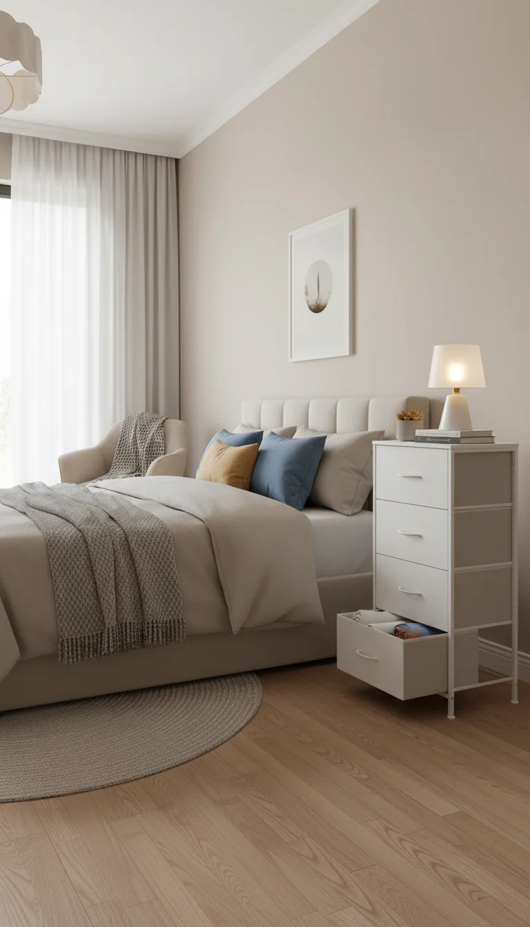 Comodino con cassetto in tessuto per piccole camere da letto, dormitori, appartamenti - Organizzatore di stoccaggio a 4 cassetti