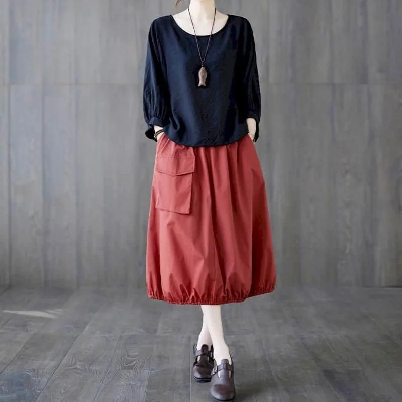 

Skirt Sets Artistic Half Sleeve T-shirt and Solid Skirts Matching Sets Loose Korean Style Dress Sets Casual Women Two Piece Set