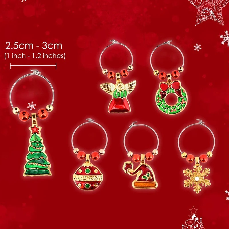 مجموعة حلية زجاجية للنبيذ ، علامات كوكتيل ، علامات نظارات الشمبانيا ، زينة عيد الميلاد ، مجموعة من 6