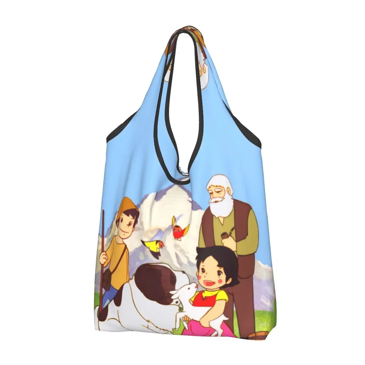 Custom Heidi Peter And Grandpa Together Shopping Bag Women Tote Bag Portable Alps Mountain Goat Cartoons Grocery Shopper Bags