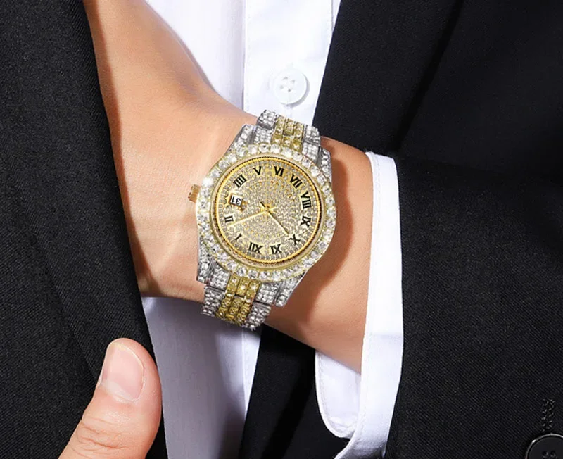 Luxury Men Golden Watch Ladies Wrist Watch Rhinestone Hip-hop Diamond Bracelet Watch Male Clock Relogio Feminino