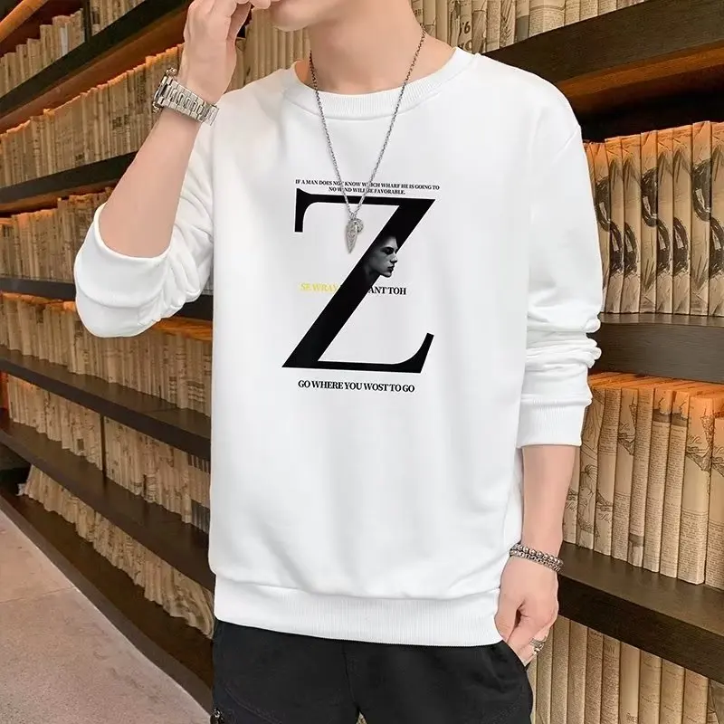 Z-Camiseta coreana casual estampada de manga comprida masculina, blusa com gola O, High Street, moda Harajuku, roupas masculinas, moletom branco