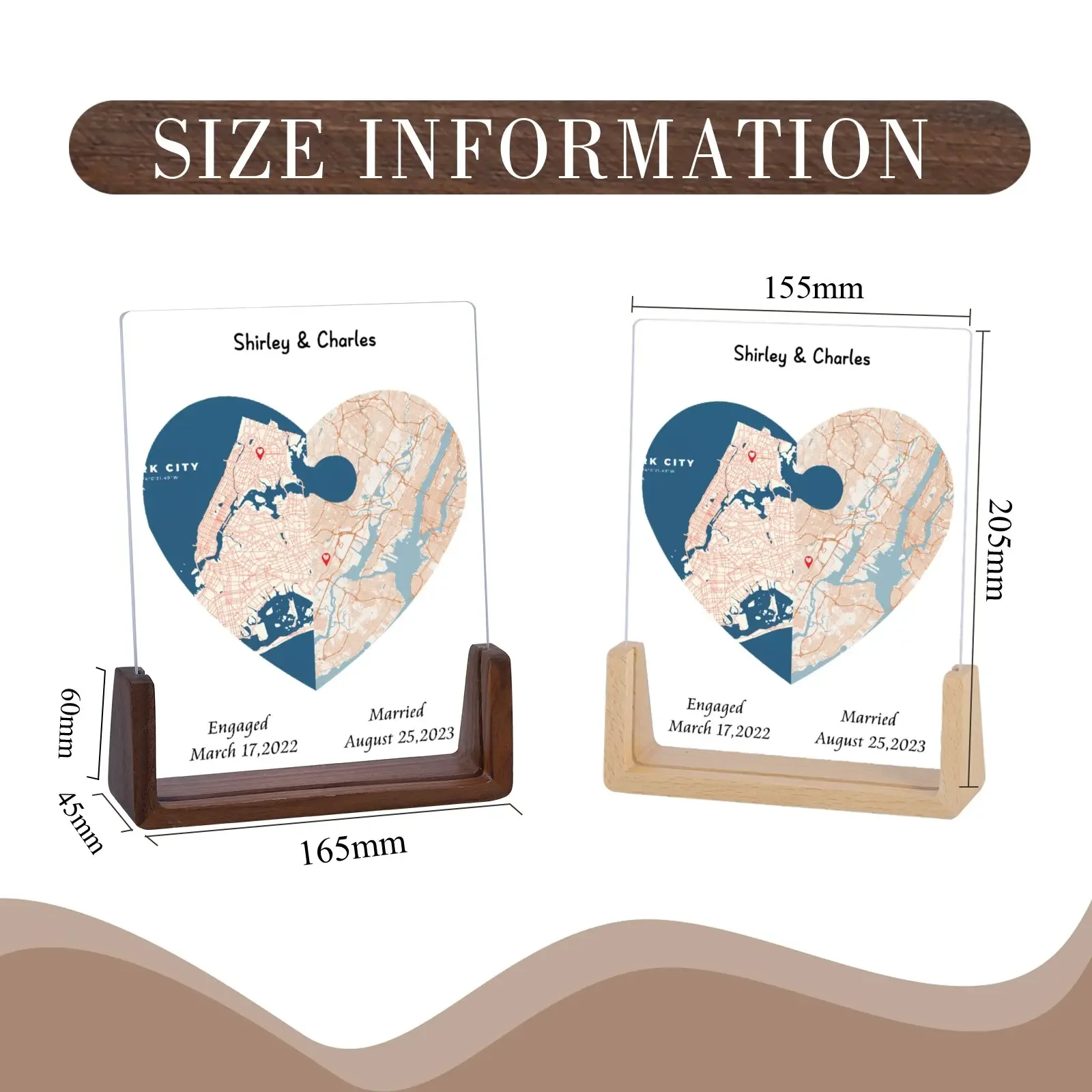 Customized Heart Shape Map Photo Frame Personalized Couple Two Locations Picture Frame Bedroom Desktop Decoration Gift for Lover