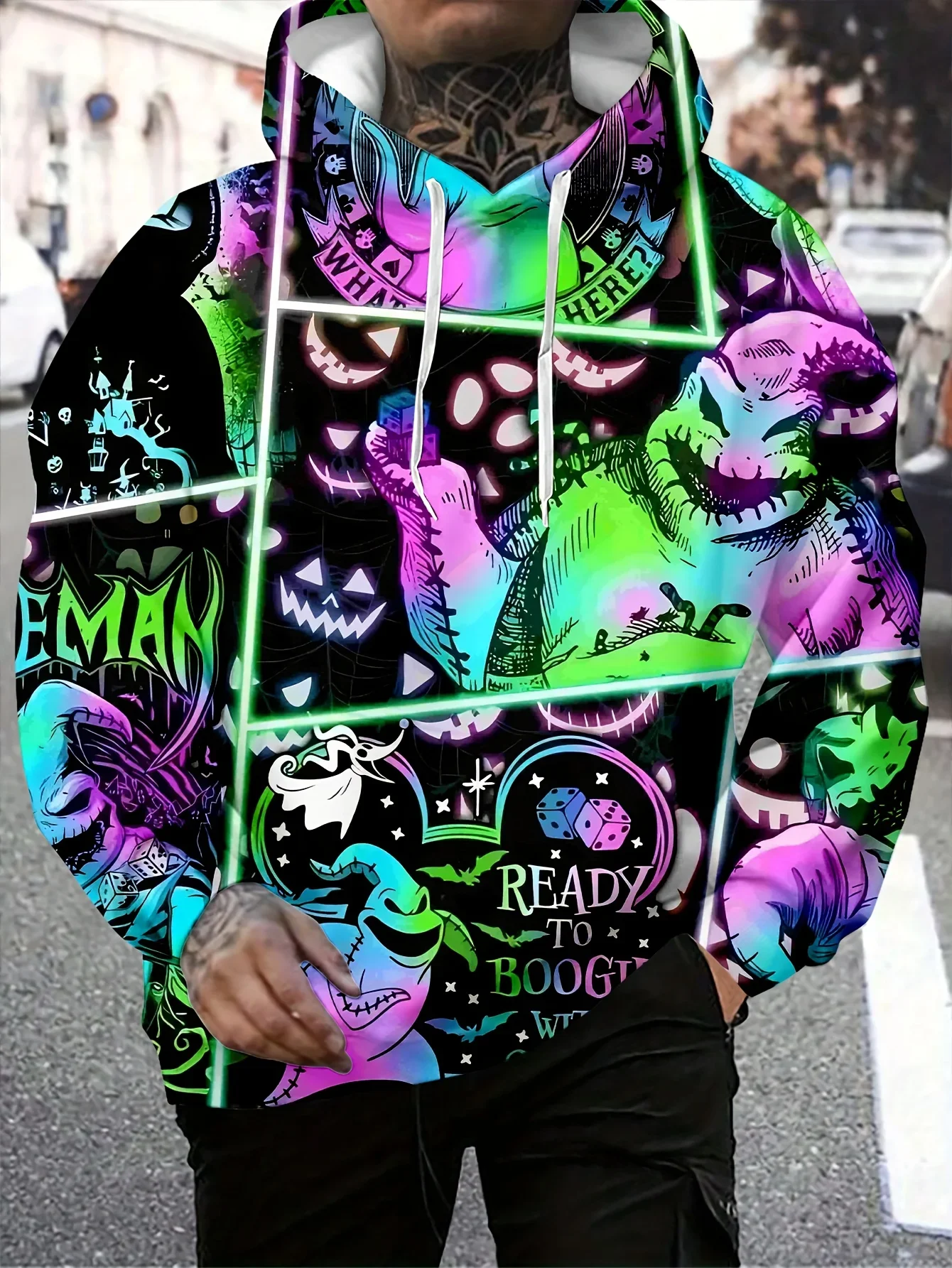 Herren Oogie Boogie Neonfarben-Gittermuster-Kapuzenpullover mit Kordelzug und Tasche – Detail 6
