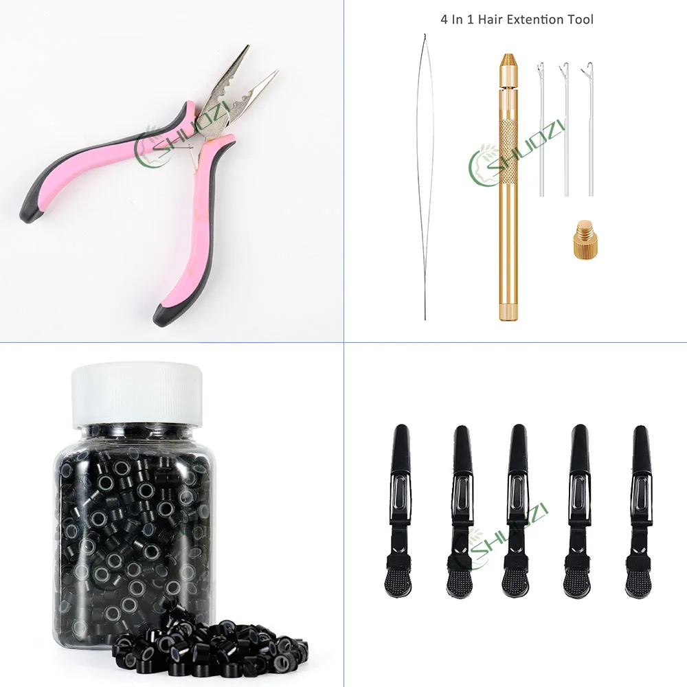 Hair Extensions Beads Tools Kit Micro Ring Link Human Hair Loop Extensions Hair Pliers Loop Threader Silicone Lined Micro Rings