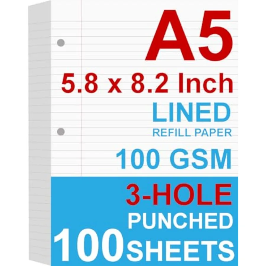 

A5 Filler Paper, 3 Hole Planner Refills, Organizer, Loose-leaf Binder Paper, /200 Pages, Lined, 100gsm, White, 5.8 x 8.2 Inch,