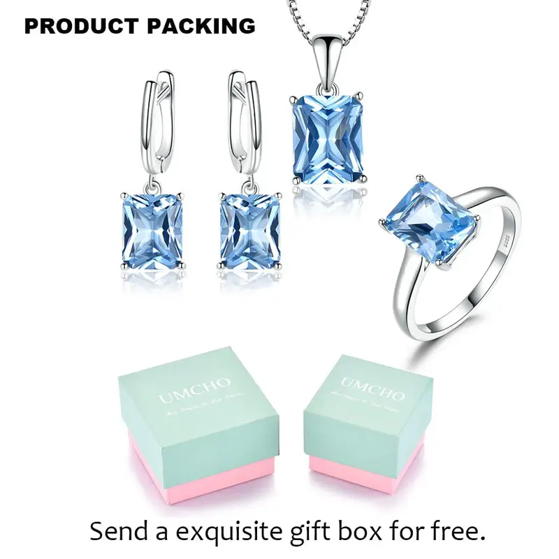 UMCHO Sky Blue Topaz Gemstone Wedding Jewelry Sets for Women 925 Sterling Silver Engagement Rings Necklace Pendant Clip Earrings