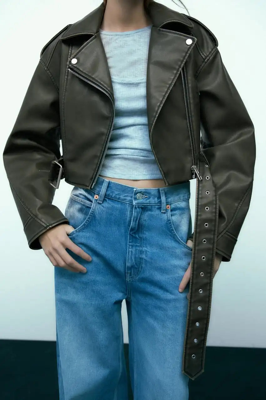 Spring New Sle Motorcycle Leather Jaet Stand Collar Loose ort PU Faux Leather Coat Outerwear Women's Commute Faion