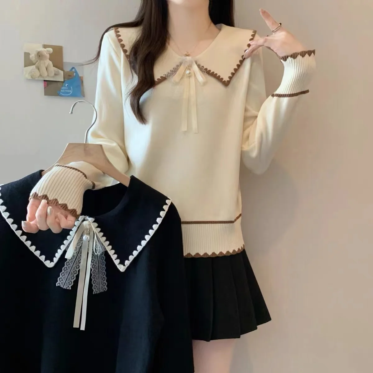 سترة محبوكة بياقة دمية حلوة للنساء مع شريط طويل بعقدة Sve بالإضافة إلى حجم التخسيس متعدد الاستخدامات للخريف والشتاء...