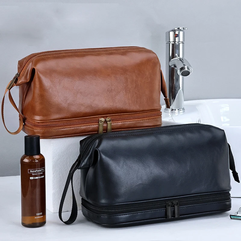 

5pcs Handbags Men PU Plain Large Capacity Double Layer Light Protable Storage Bag With Wrist