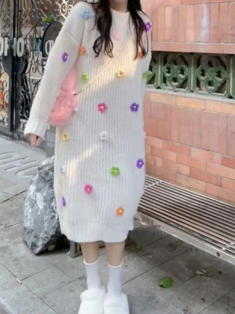 Sweet Contrast Floral Knitted Midi Dress Slouchy Style Long Sleeves Sweaters Korean Fashion O Neck All Match Pullove