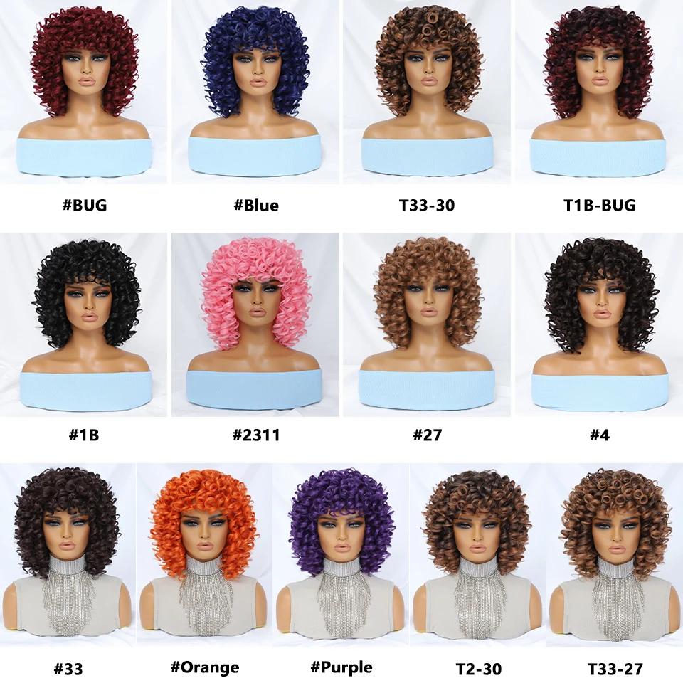 Synthetic Hair Short Afro Kinky Curly Wigs with Bangs For Black Women Cosplay Natural Hair Ombre Mixed Brown Blonde Wig