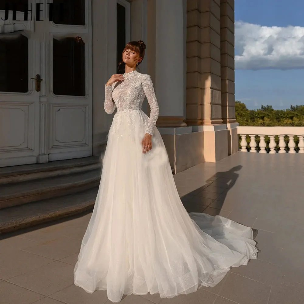 

JEHETH Vintage High Neck A-Line Wedding Dresses 2024 Classic Long Sleeves White Tulle Bridal Gowns Vestidos De Novia Custom Made