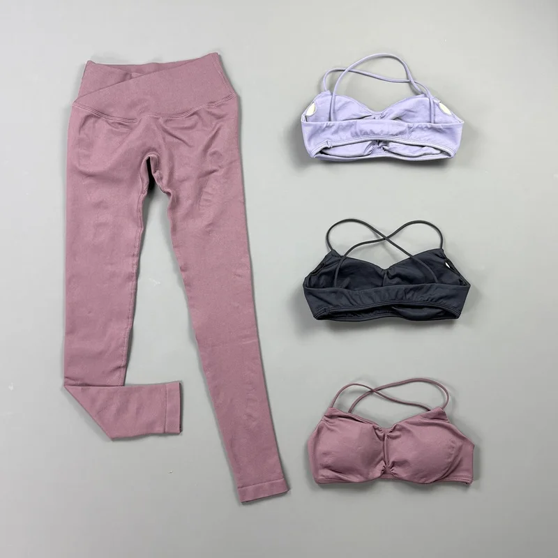 Ensemble de sport 2 pièces pour femme : Soutien-gorge de yoga sans couture, taille croisée, séchage rapide, leggings taille haute extensibles, effet push-up, pour la gym, l'entraînement et le fitness