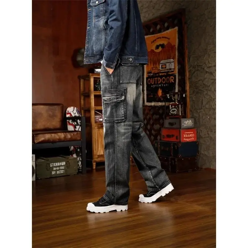 

Fashion Jeans Men Straight Washed Elastic Denim Pants Fashion Trousers Bottoms Plus Size 42 Black Grey Male Clothing