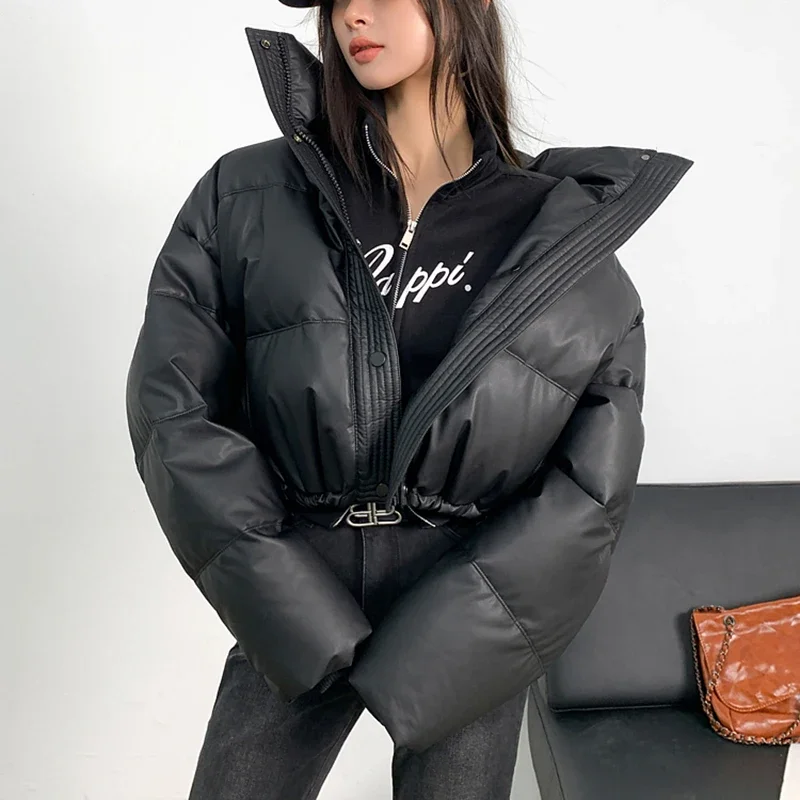 Gidyq-Parkas cortas de cuero Pu para mujer, ropa de calle gruesa y cálida, chaqueta de plumón que combina con todo, ropa de abrigo Puffty con