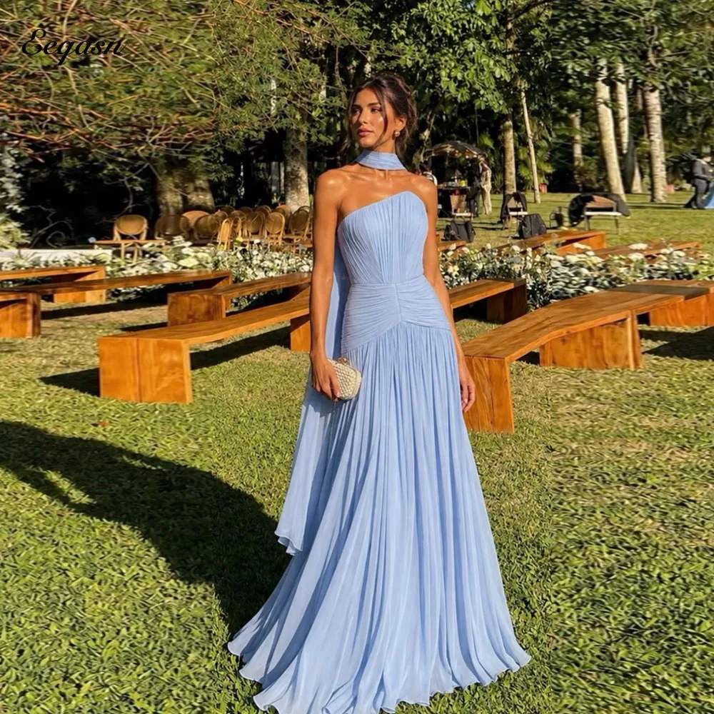 Eeqasn Light Blue Chifon Evening Dresses Floor Length A-line Strapless Birthday Party Dress Scarf Sizes Available Customized