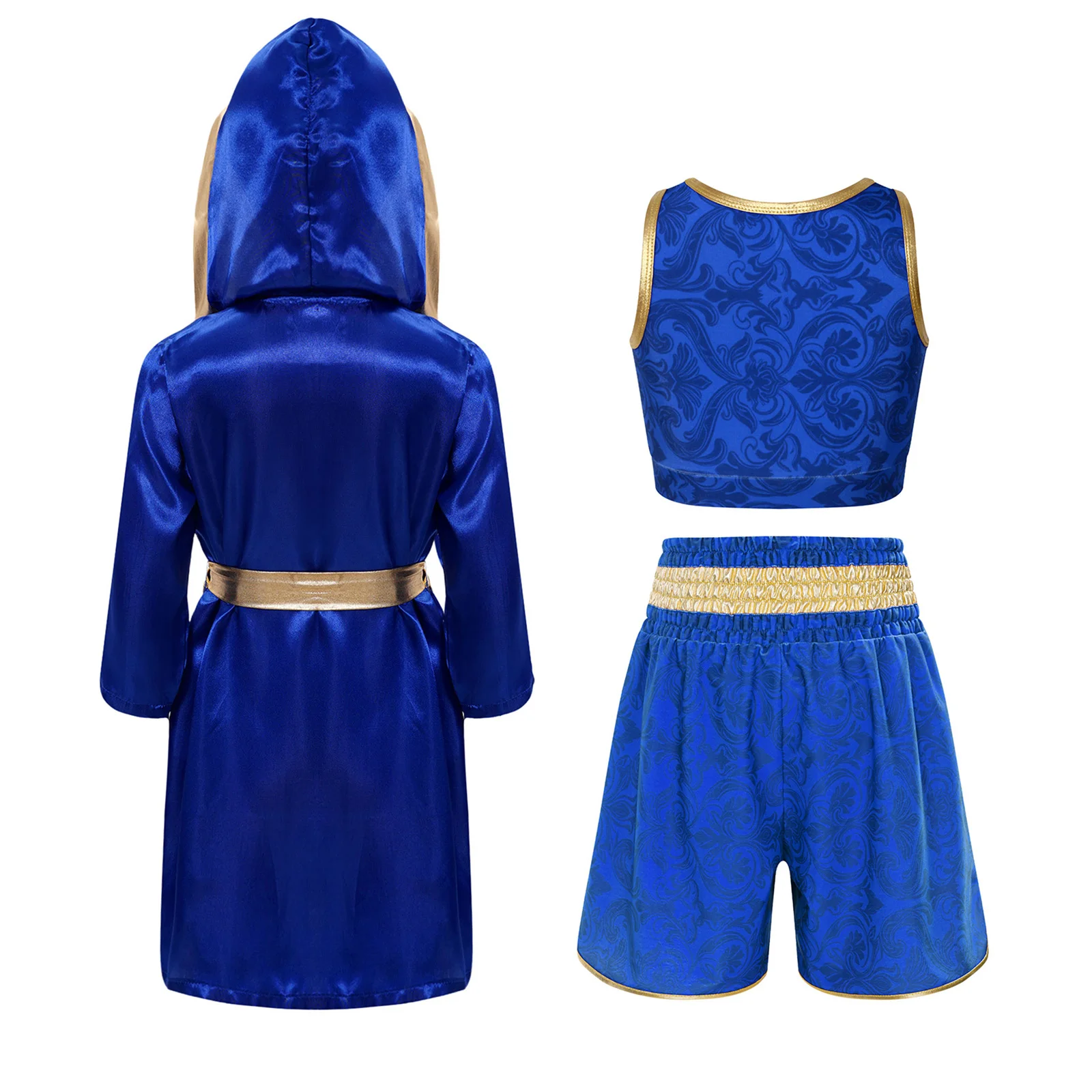 Kinder Jungen Mädchen Metallic-Verzierung Kampf-Boxoutfit mit Kapuze, Boxermantel und Gürtel, Blumenmuster-Weste mit elastischem Bund und Shorts – Detail 13