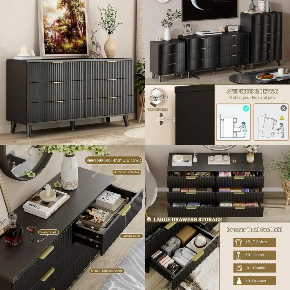 Modern Fluted 6-Drawer Wood Dresser for Bedroom and TV Stand, 53.2 Wide