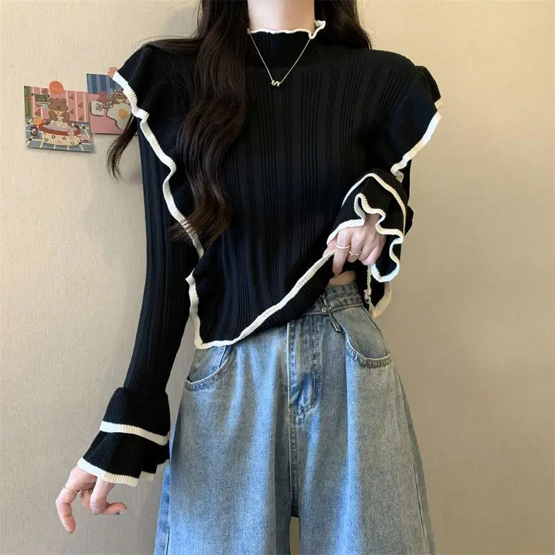 Women Sweaters Ruffles Korean Fashion Vintage Slim Pullovers Half High Collar Sweet Chic Spring Autumn