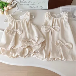 Kids Clothing Set for 2-7 Years Girls Bow Sleeveless Vest + Pod Pants Two Piece Summer Daily Casual Beige Girls Clothing