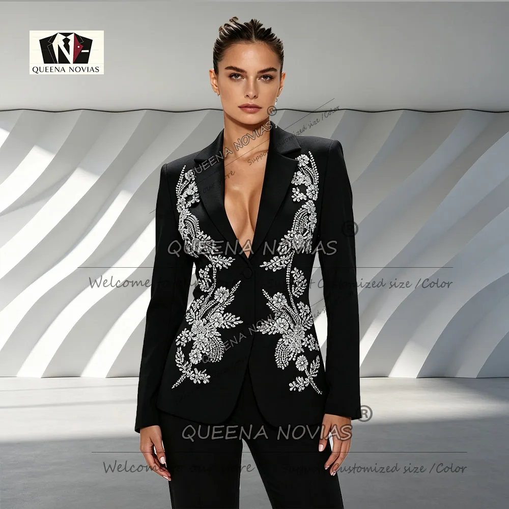 Brilliant Women Suits Sliver Diamond Beaded Appliques Prom Blazer Pants 2 Piece Sets Lady Business Tuxedo Bride's Mother Dress