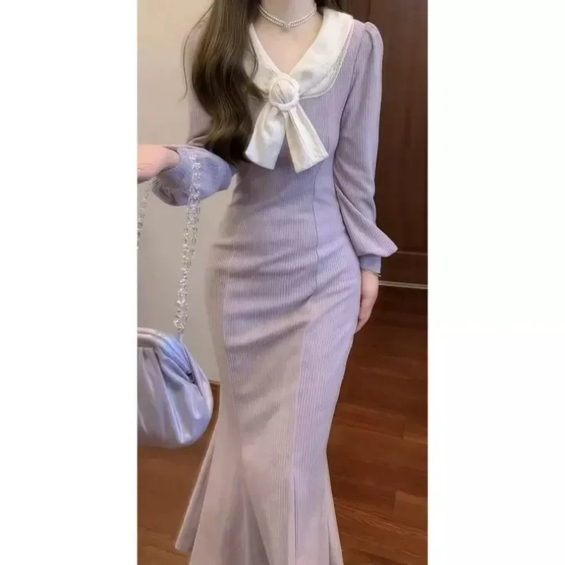 Purple Dress French Gentle Style Elegant Bow Tail Women Clothing Dress Autumn and Winter High-endlong Dress Vintage Bodycon