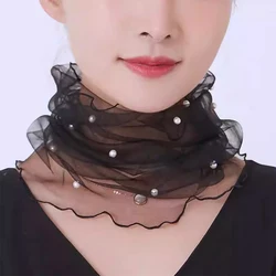 Mesh Fake Pearl Collar Scarf For Women Lace Beaded Ruffle Neck Cover Summer Sunscreen Scarves Organza Elastic Small Neckerchief