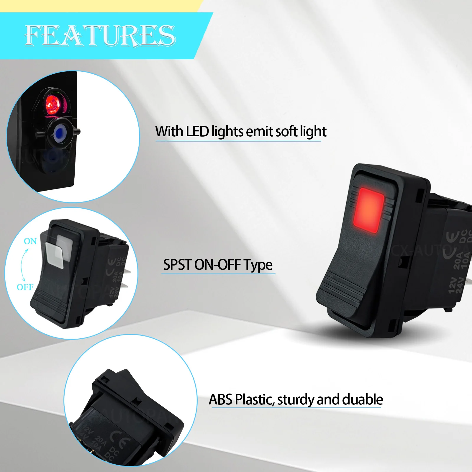 Waterproof Car Rocker Switch 12V/24V SPST ON-OFF LED Heavy Duty Toggle for Boat Off-Road ATV Excavator Forklift Loader Machine