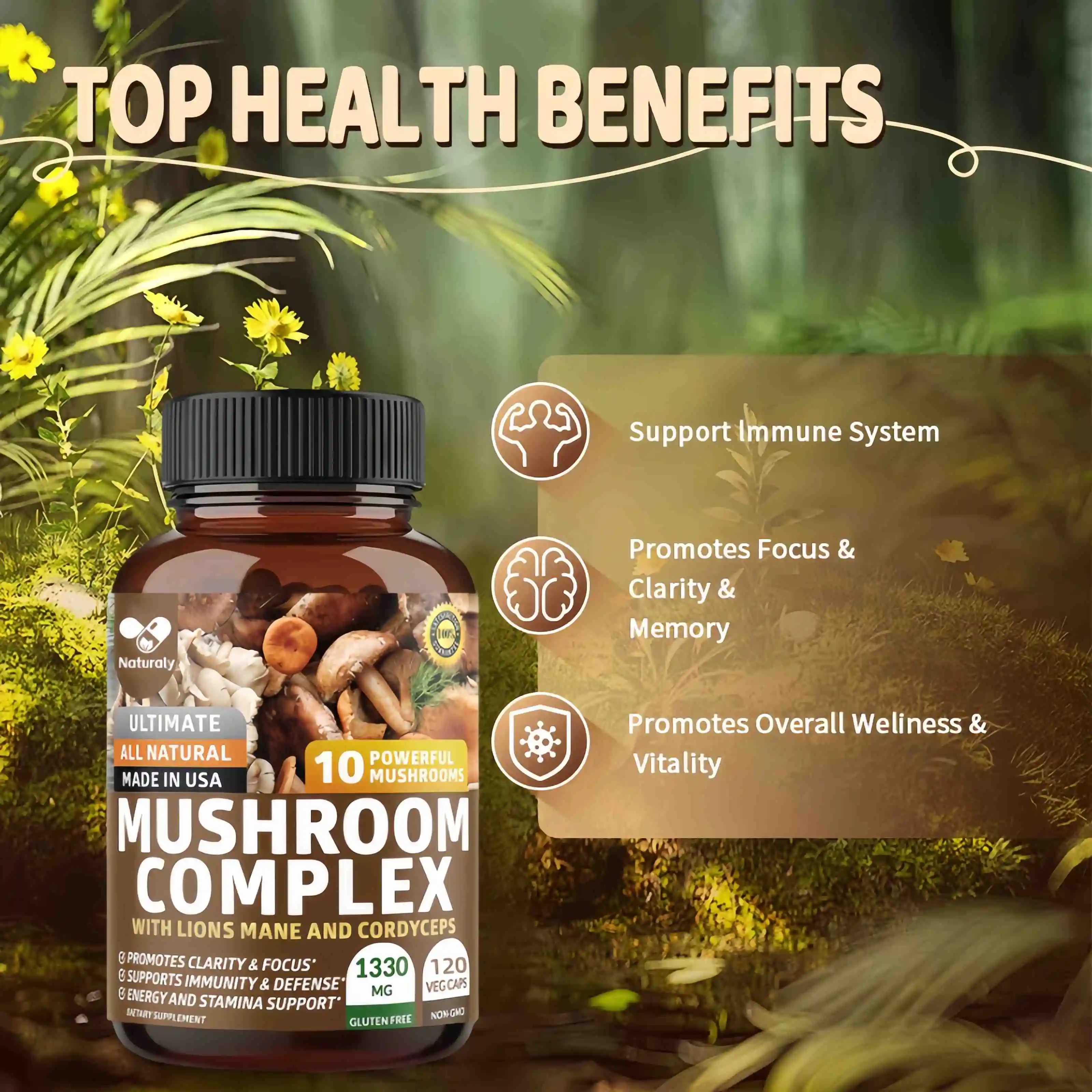 Original Mushroom Complex Capsules with Lions Mane Chaga Cognitive Brain Function Stress Relieves Beauty Health Diet Supplement