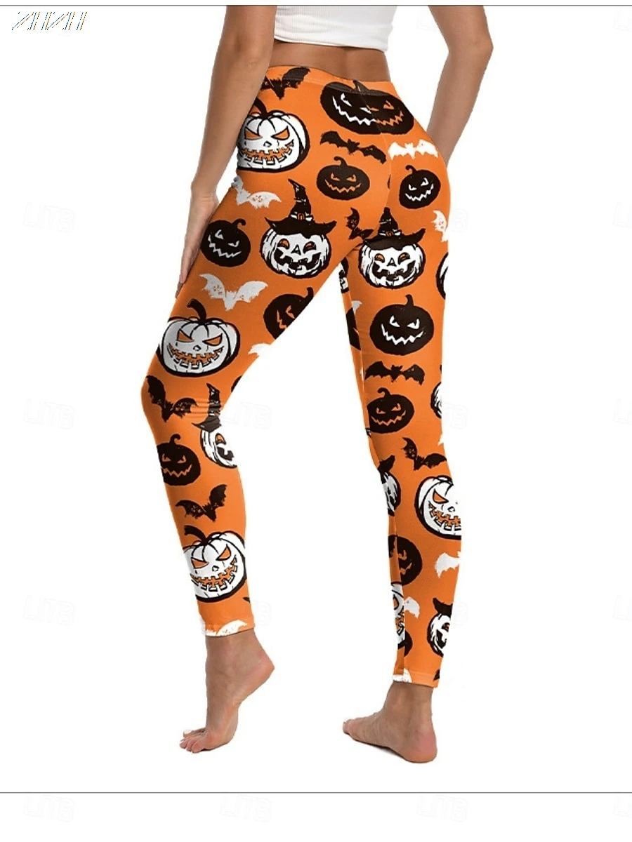 2025 Leggings da donna Pantaloni con grafica zucca di Halloween Pantaloni Poliestere Spandex Elasticizzato in vita, Controllo Autunno Streetwears
