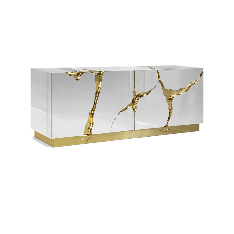 Super Luxury TV Console Table, Side Cabinet, Polished Stainless Steel with Casted Brass Details, Exteriors Furniture