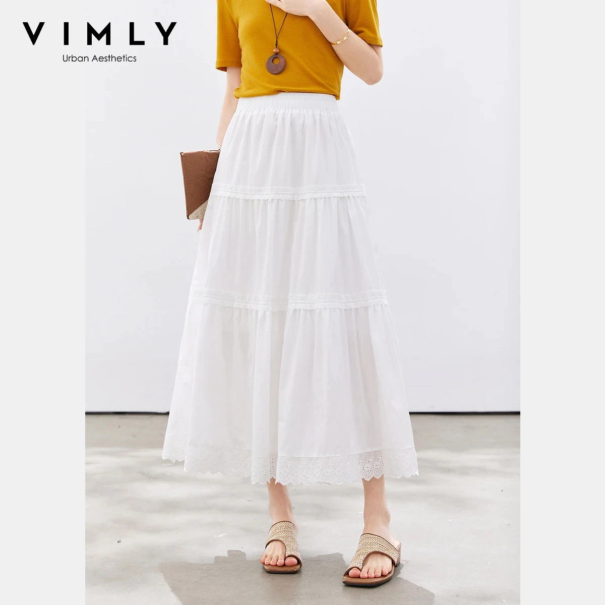 

Женская юбка VIMLY с кружевной отделкой и вышивкой, А-силуэт, летняя новинка 2026, с вырезами, эластичным поясом, свободная, универсальная, макси-юбка 30887