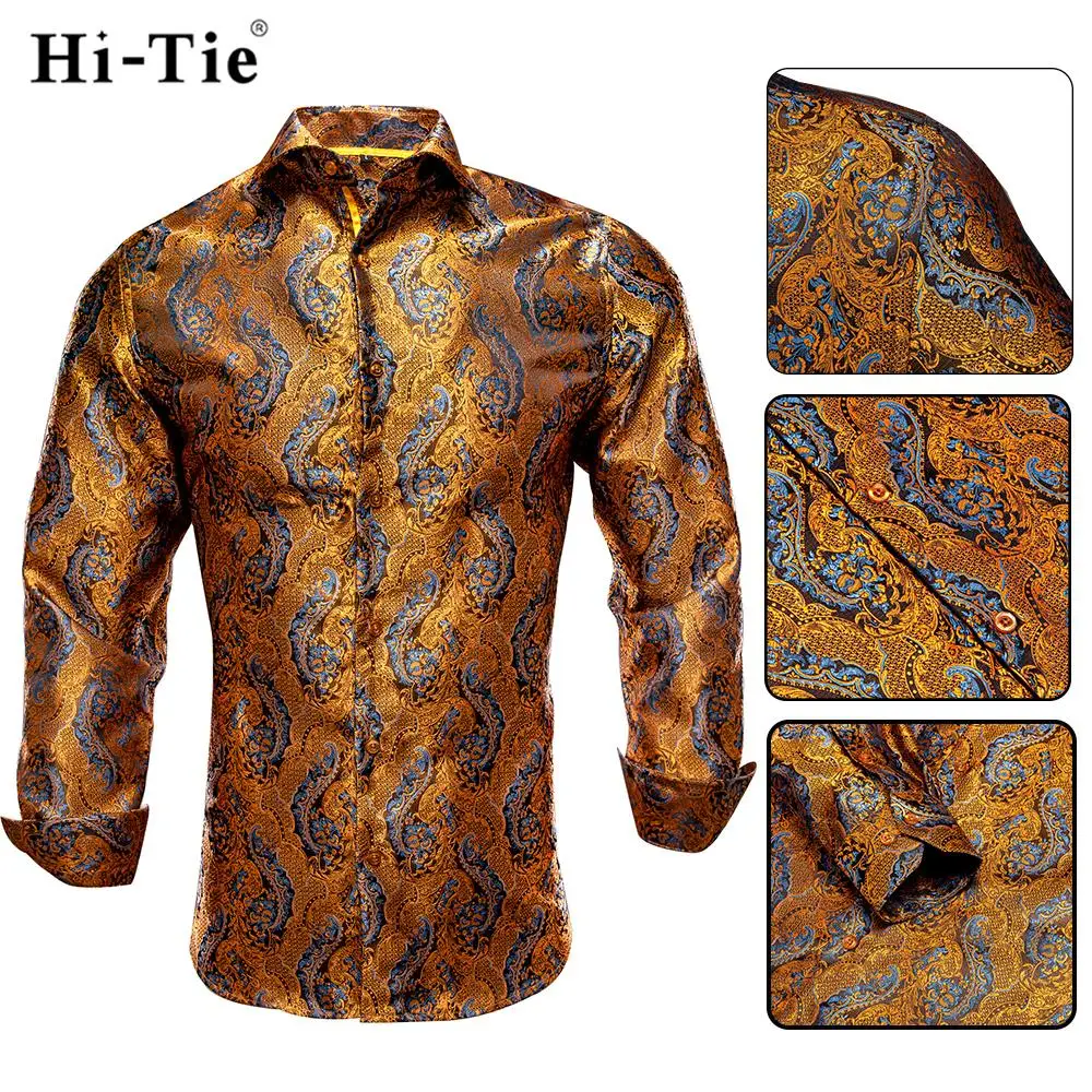 Hi-Tie Blue Men\'s Shirts Paisley Floral Silk Gold Long Sleeve Casual Shirts For Men Jacquard Male Business Party Wedding Dress