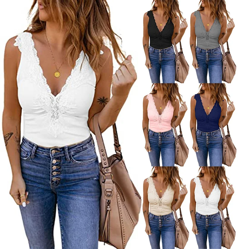 

Women Fashion Lace Print Solid Color Deep V Neck Sleeveless Tank Tops Slim Fit Summer Tee