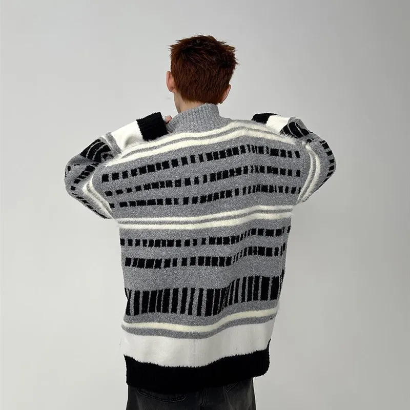 

Trendy Contrast Color Zipper Collar Thiened Knitted Sweater Men's Casual Sle Long Sve Warm Outerwear Leisure Faion