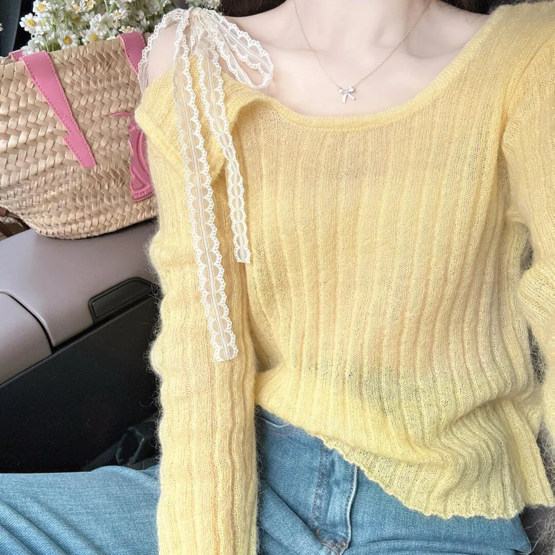 Feminino japonês fora do ombro de malha topo primavera verão nova emenda renda fita design sentido oco fino manga longa topo