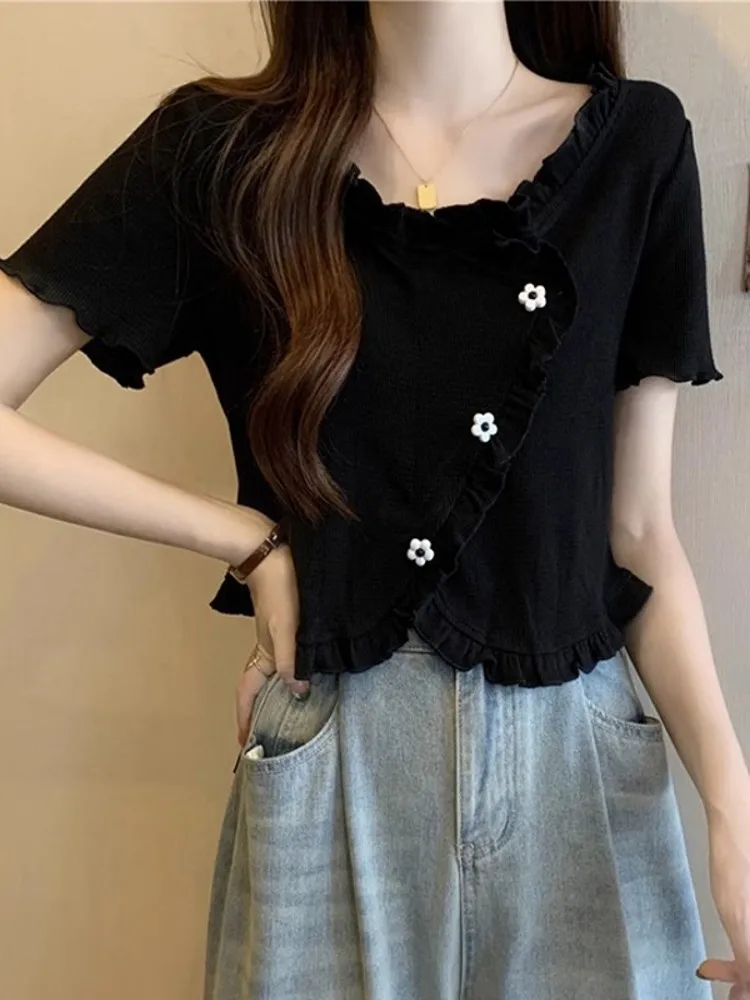 Novedad de verano, camiseta ort Sve de diseño, Faion para mujer, dobladillo asimétrico, adelgazante, versátil, longitud ort, Top coreano Sle