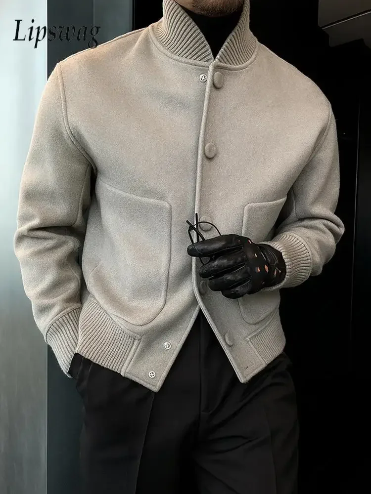 Stylish Mens Solid Color Woolen Jacket Coat Autumn Winter Casual Button-up Stand Collar Jackets Men's Vintage Woolen Outerwear