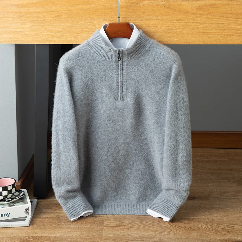 الرجال 100% الكشمير النقي البلوز الأعمال عادية محبوك سترة فضفاضة نصف سستة نصف عالية طوق سميكة البلوز الدافئة