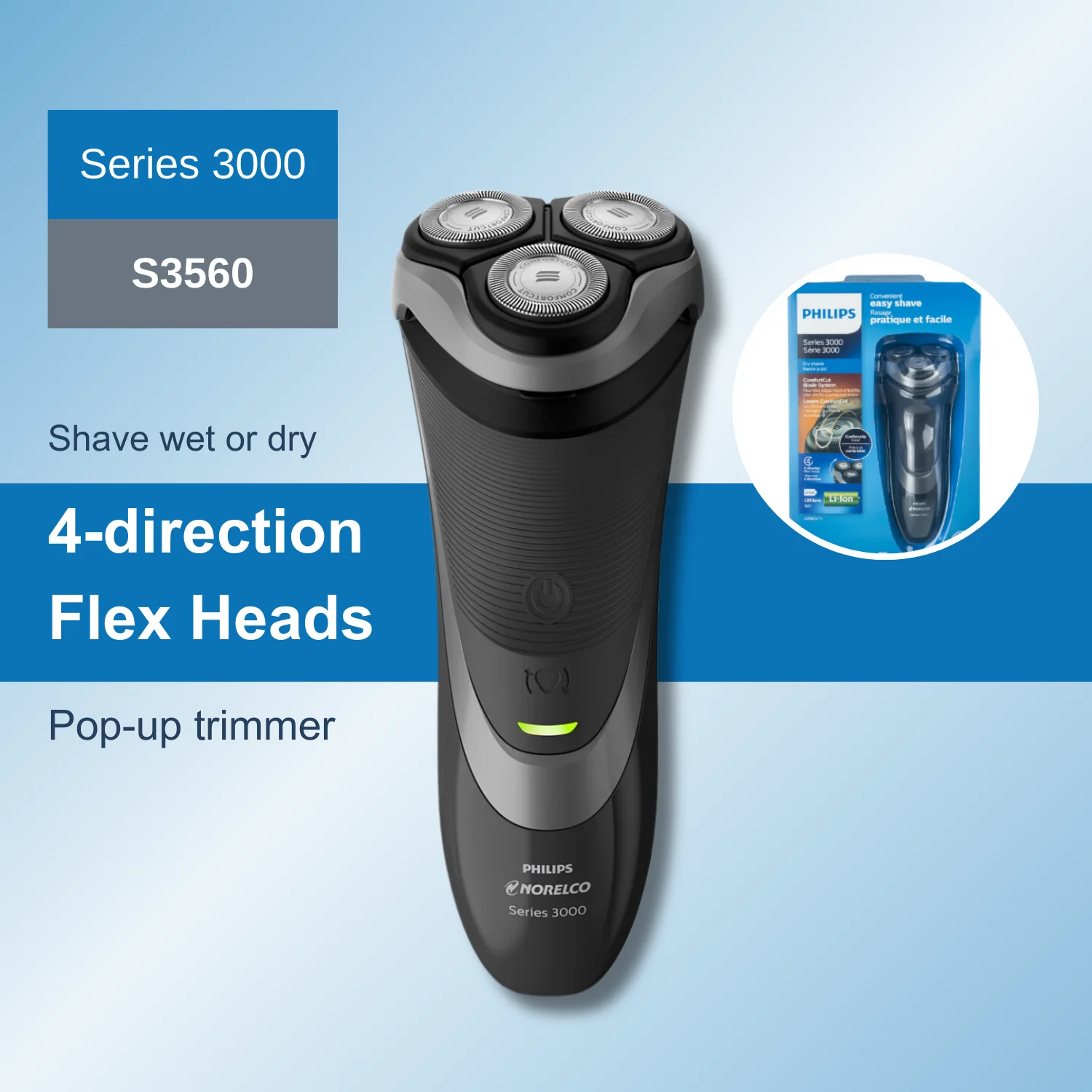 

Philips Norelco Razor Series 3000 S3560, ComfortCut Blade System, 4-direction Flex Heads, Pop-up Trimmer