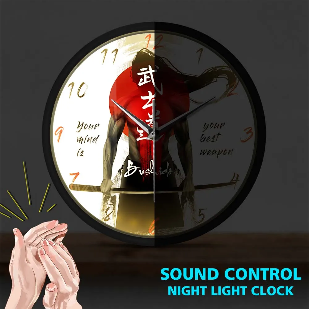 Samurai With Katana Sword Japanese Calligraphy Bushido Metal Frame Wall Clock Silent Martial Arts Man Cave Wall Watch Home Decor